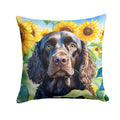 American Water Spaniel in Sunflowers Decorative Throw Pillow 14x14 Indoor Outdoor Accent Cushion, Fabric Cover with Insert for Sofa, Bed, Porch & Living Room