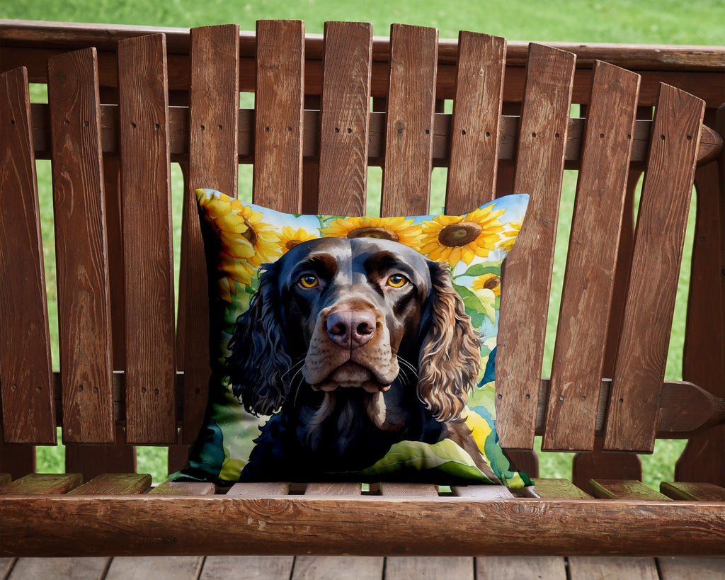 American Water Spaniel in Sunflowers Decorative Throw Pillow 14x14 Indoor Outdoor Accent Cushion, Fabric Cover with Insert for Sofa, Bed, Porch & Living Room