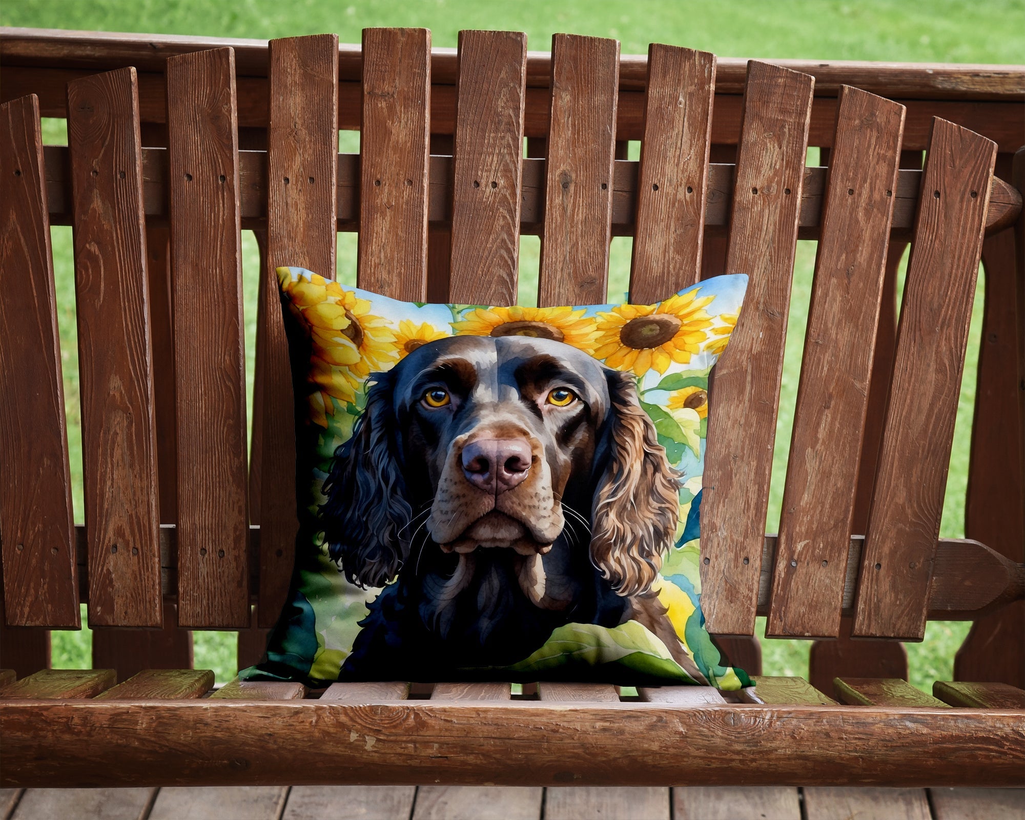 American Water Spaniel in Sunflowers Decorative Throw Pillow 14x14 Indoor Outdoor Accent Cushion, Fabric Cover with Insert for Sofa, Bed, Porch & Living Room