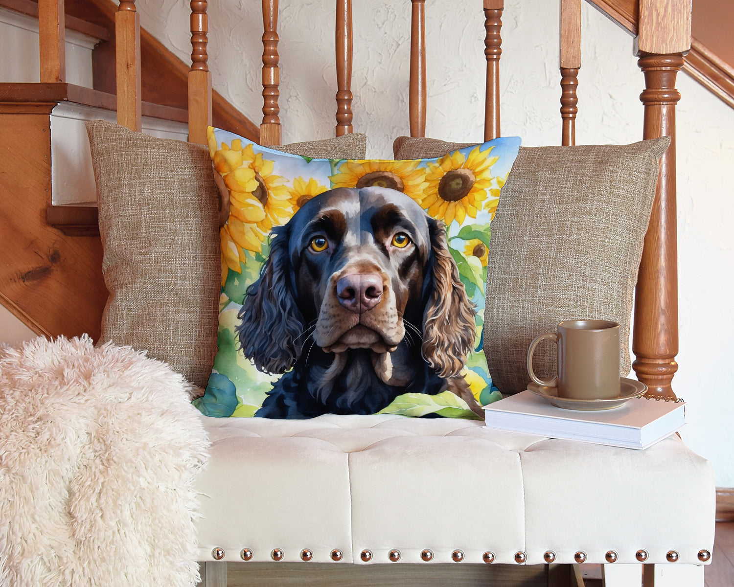 American Water Spaniel in Sunflowers Decorative Throw Pillow 14x14 Indoor Outdoor Accent Cushion, Fabric Cover with Insert for Sofa, Bed, Porch & Living Room