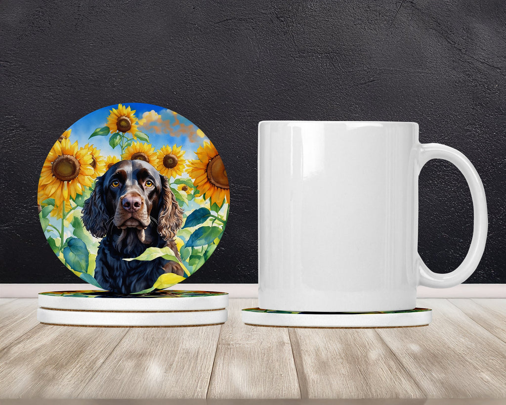 American Water Spaniel in Sunflowers Large Sandstone Coasters Pack of 4 Absorbent Round Coasters Decor Gifts for Men or Women, 4 in, Multicolor