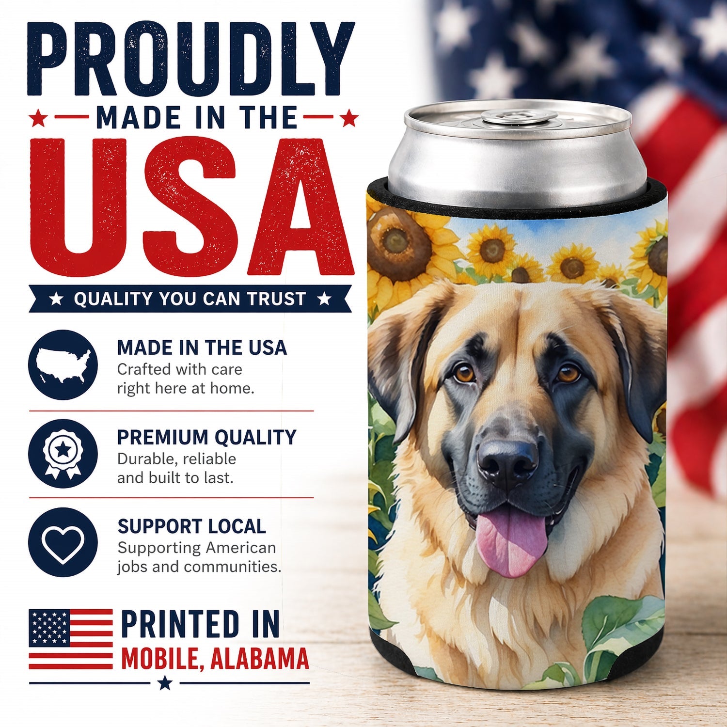 Anatolian Shepherd in Sunflowers Can or Bottle Hugger Cooler Sleeve for Standard 12 oz Cans, Insulated Foam Beer & Soda Can Hugger Reusable