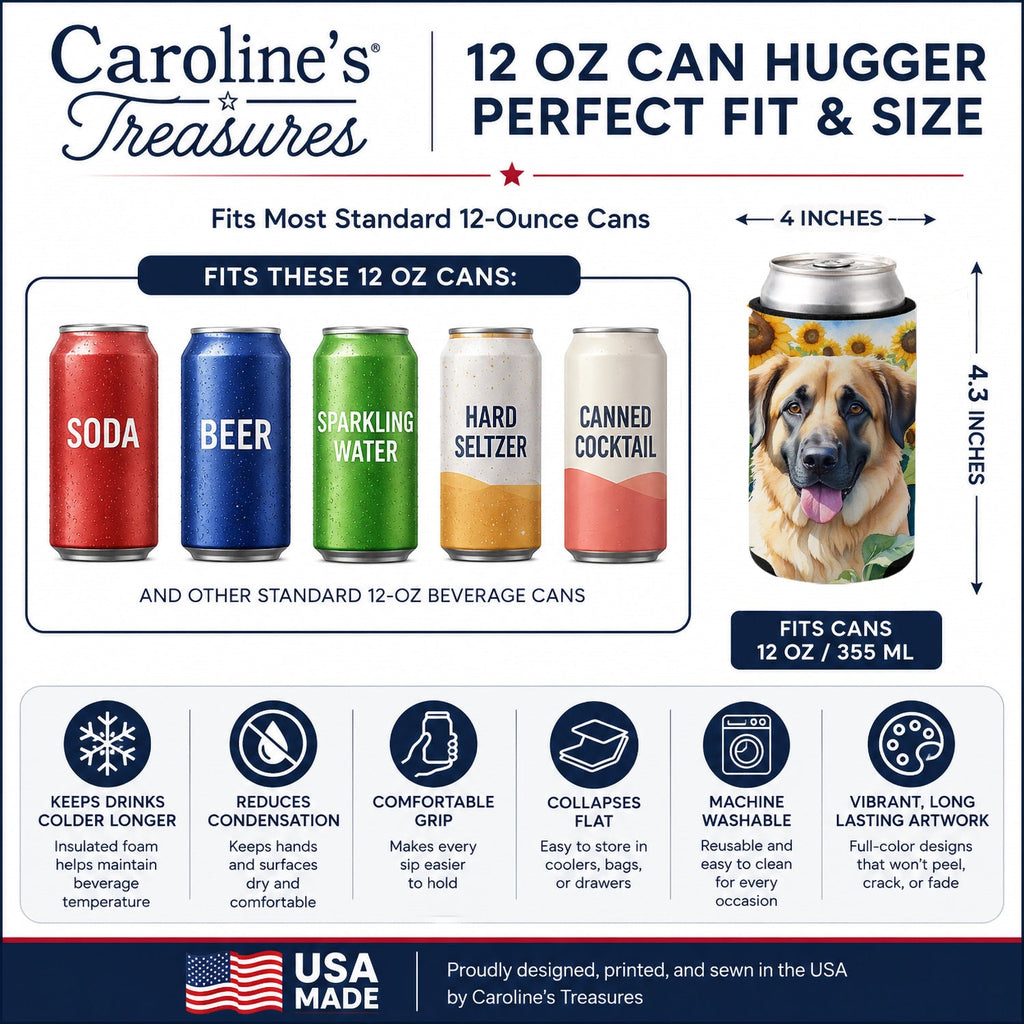 Anatolian Shepherd in Sunflowers Can or Bottle Hugger Cooler Sleeve for Standard 12 oz Cans, Insulated Foam Beer & Soda Can Hugger Reusable