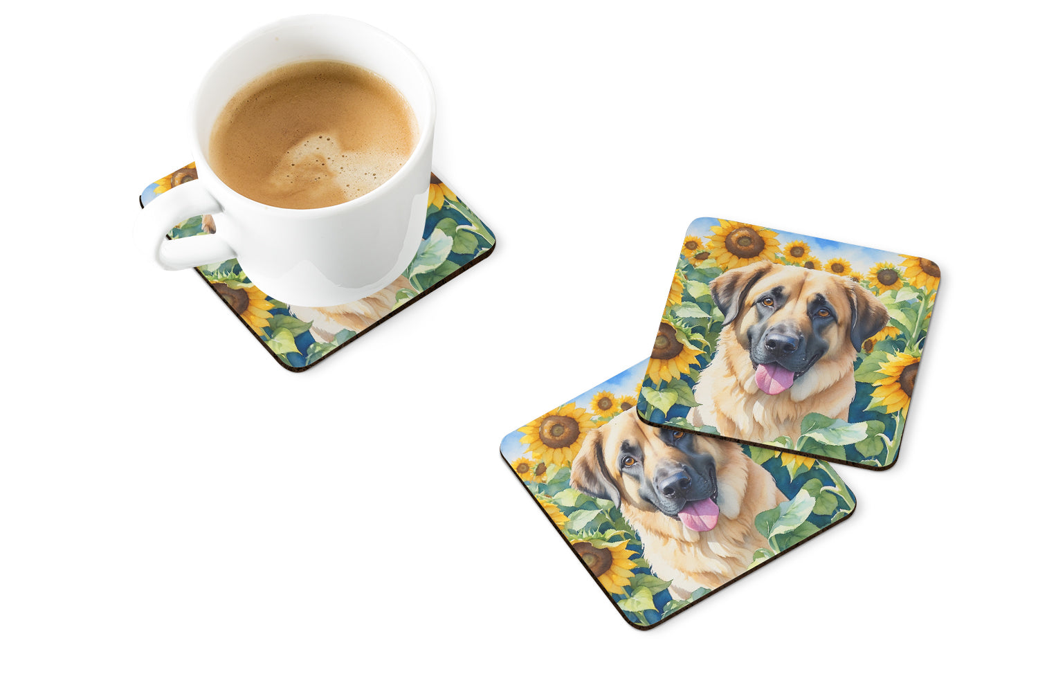 Anatolian Shepherd in Sunflowers Foam Coasters Set of 4 Cup Coasters for Indoor Outdoor, Tabletop Protection, Anti Slip, Mouse pad Material