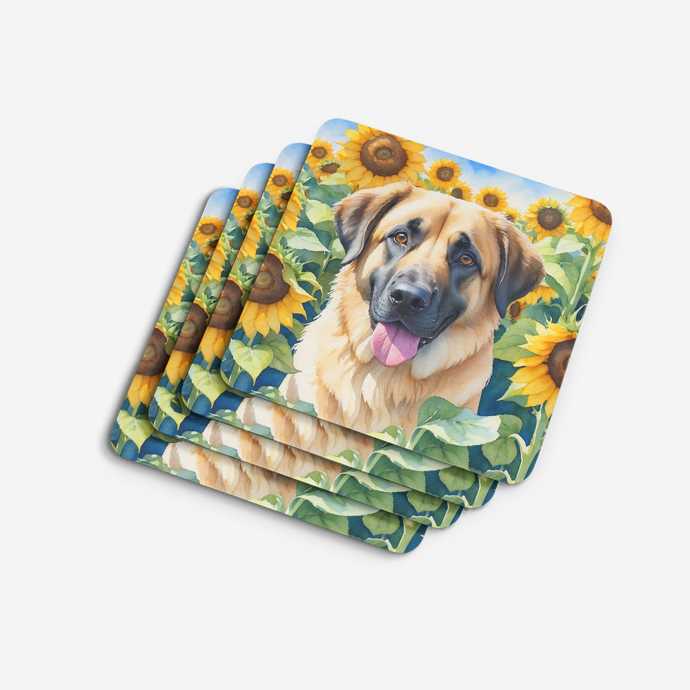 Anatolian Shepherd in Sunflowers Foam Coasters Set of 4 Cup Coasters for Indoor Outdoor, Tabletop Protection, Anti Slip, Mouse pad Material