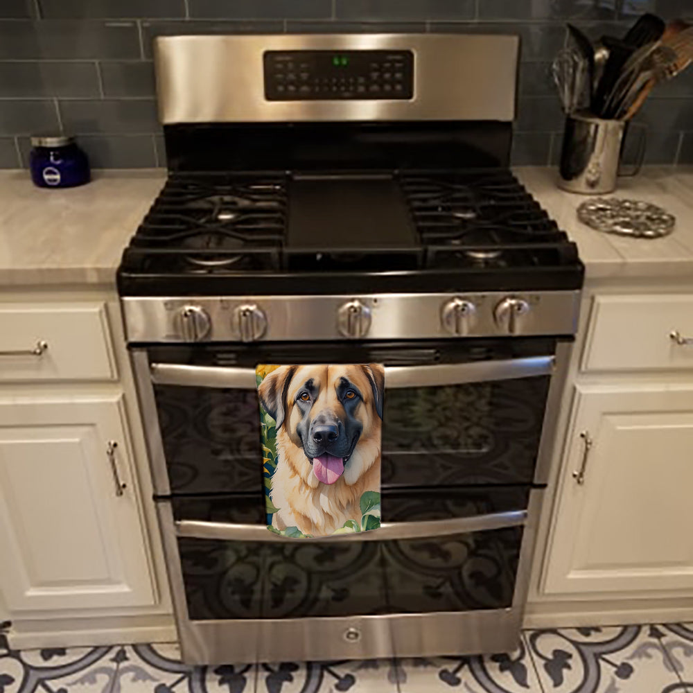 Anatolian Shepherd in Sunflowers Kitchen Towel Velour Plush Front and Cotton Loop Back Machine Washable