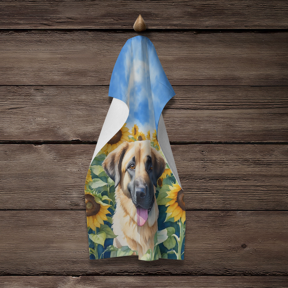 Anatolian Shepherd in Sunflowers Kitchen Towel Velour Plush Front and Cotton Loop Back Machine Washable