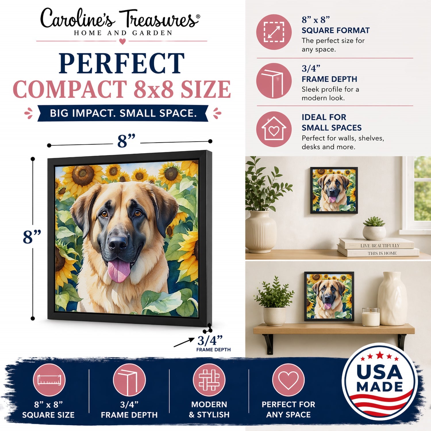 Anatolian Shepherd in Sunflowers Framed Metal Print Bathroom, Kitchen, Office, Home Decor Wall Art Ready to Hang, Square, 8X8
