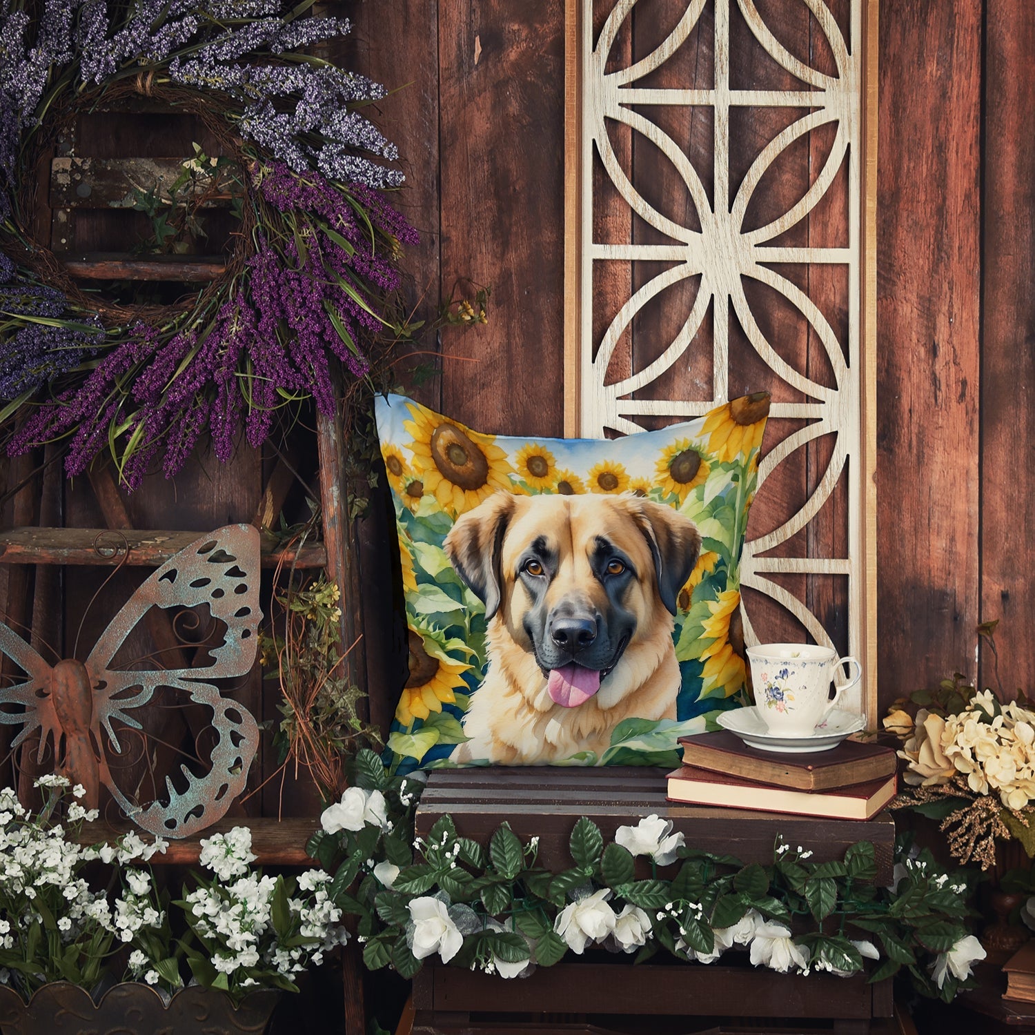 Anatolian Shepherd in Sunflowers Decorative Throw Pillow 18x18 Indoor Outdoor Accent Cushion, Fabric Cover with Insert for Sofa, Bed, Porch & Living Room