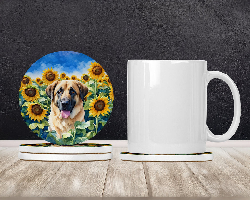 Anatolian Shepherd in Sunflowers Large Sandstone Coasters Pack of 4 Absorbent Round Coasters Decor Gifts for Men or Women, 4 in, Multicolor