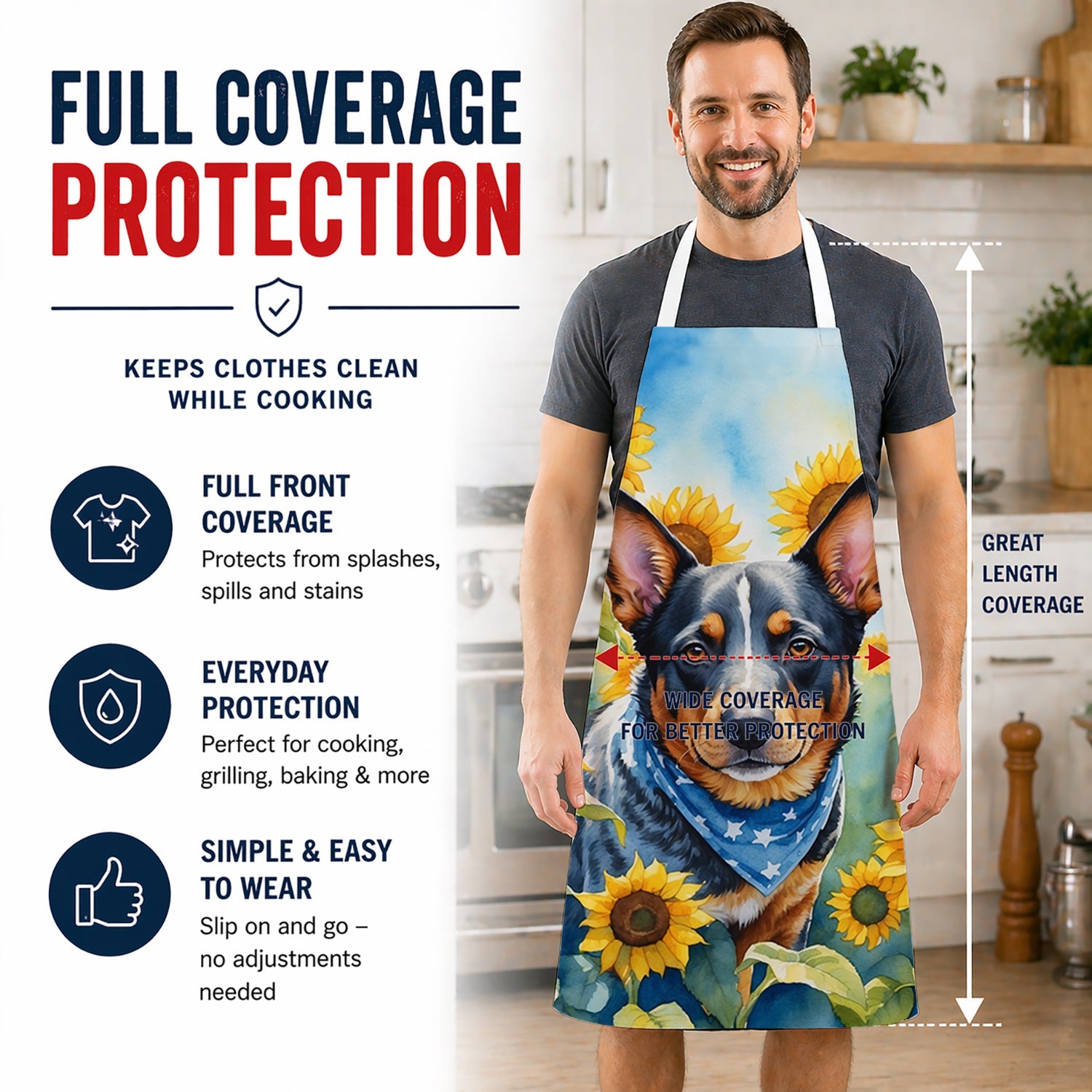 Australian Cattle Dog in Sunflowers Apron Cooking Kitchen Server Baking Crafts Gardening for Adult Women Men, Unisex, Large, Multicolor