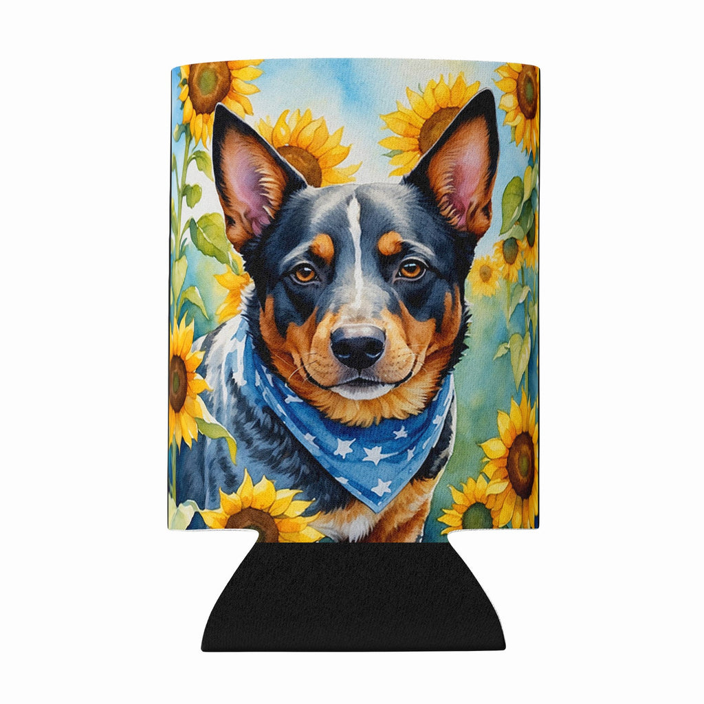 Australian Cattle Dog in Sunflowers Can or Bottle Hugger Cooler Sleeve for Standard 12 oz Cans, Insulated Foam Beer & Soda Can Hugger Reusable