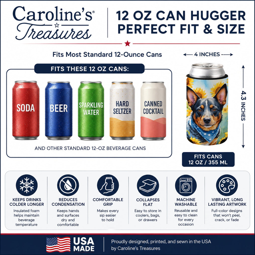Australian Cattle Dog in Sunflowers Can or Bottle Hugger Cooler Sleeve for Standard 12 oz Cans, Insulated Foam Beer & Soda Can Hugger Reusable