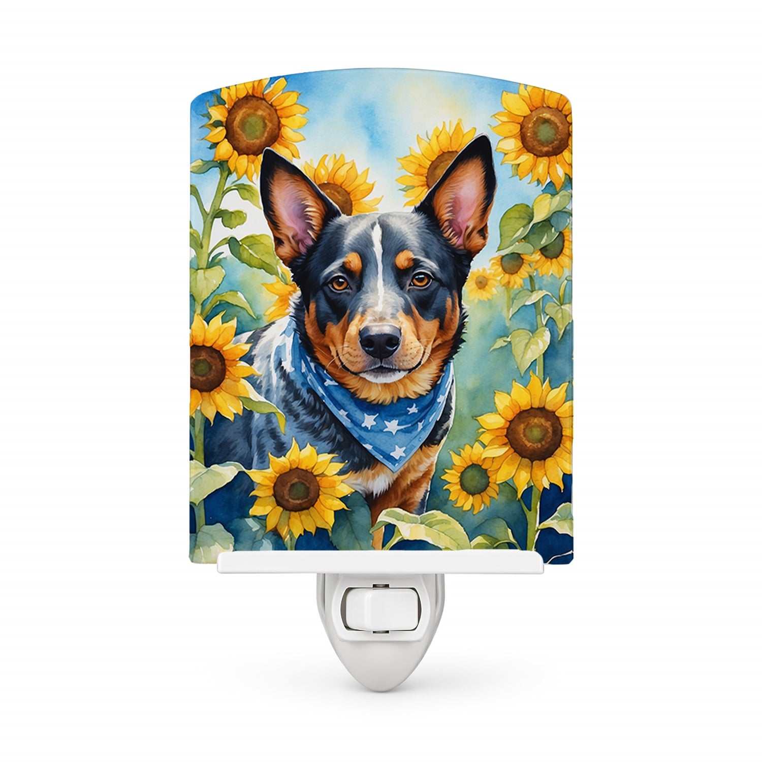 Australian Cattle Dog in Sunflowers Ceramic Night Light Compact, UL-Certified, Ideal for Bedroom, Bathroom, Nursery, Hallway, Kitchen, 6x4x3, Multicolor