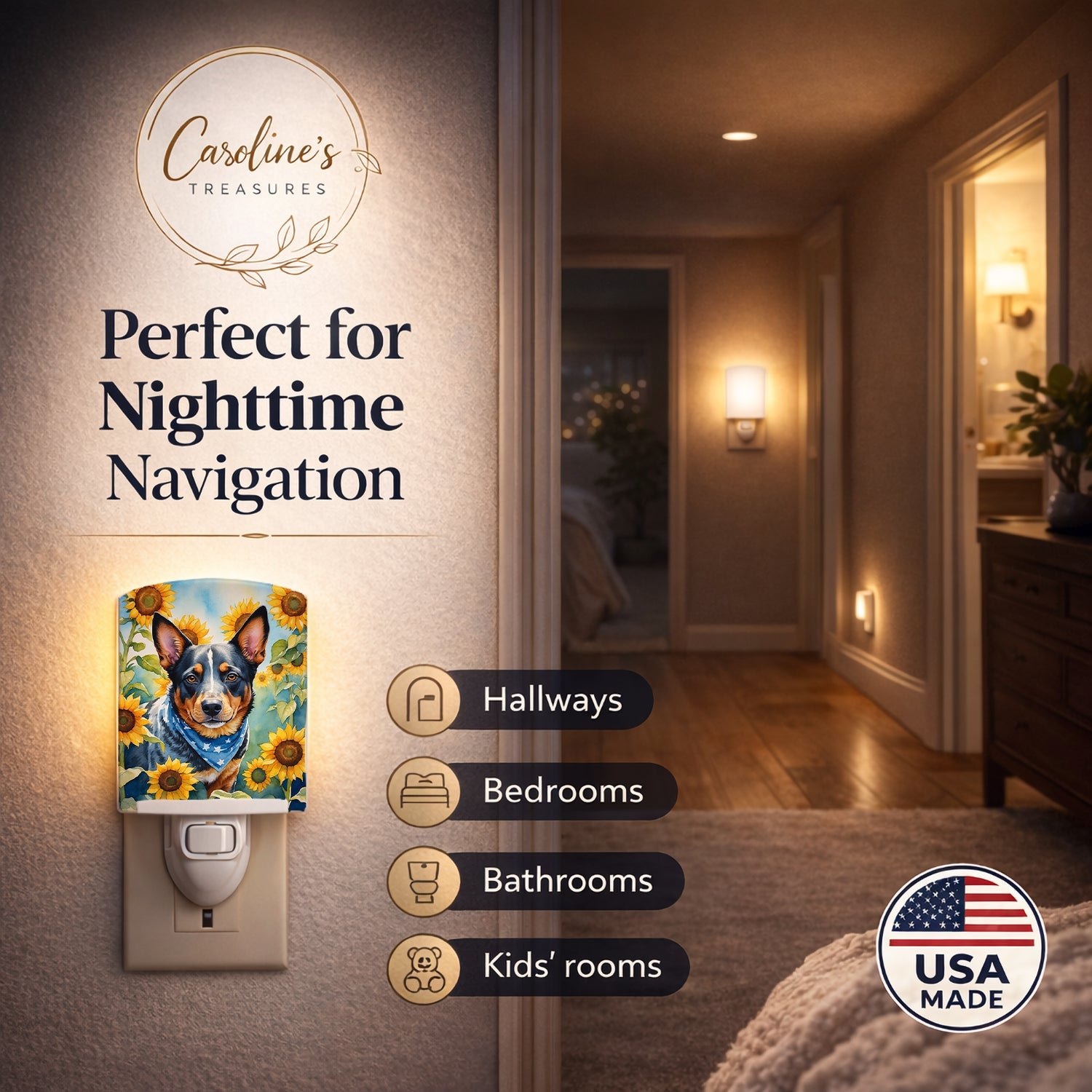 Australian Cattle Dog in Sunflowers Ceramic Night Light Compact, UL-Certified, Ideal for Bedroom, Bathroom, Nursery, Hallway, Kitchen, 6x4x3, Multicolor
