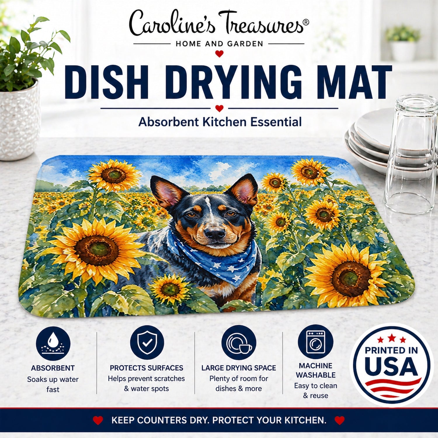 Australian Cattle Dog in Sunflowers Dish Drying Mat Absorbent Dish Drying Mat Pad for Kitchen Counter Dish Drainer Mat for Countertop, 14 x 21", Multicolor