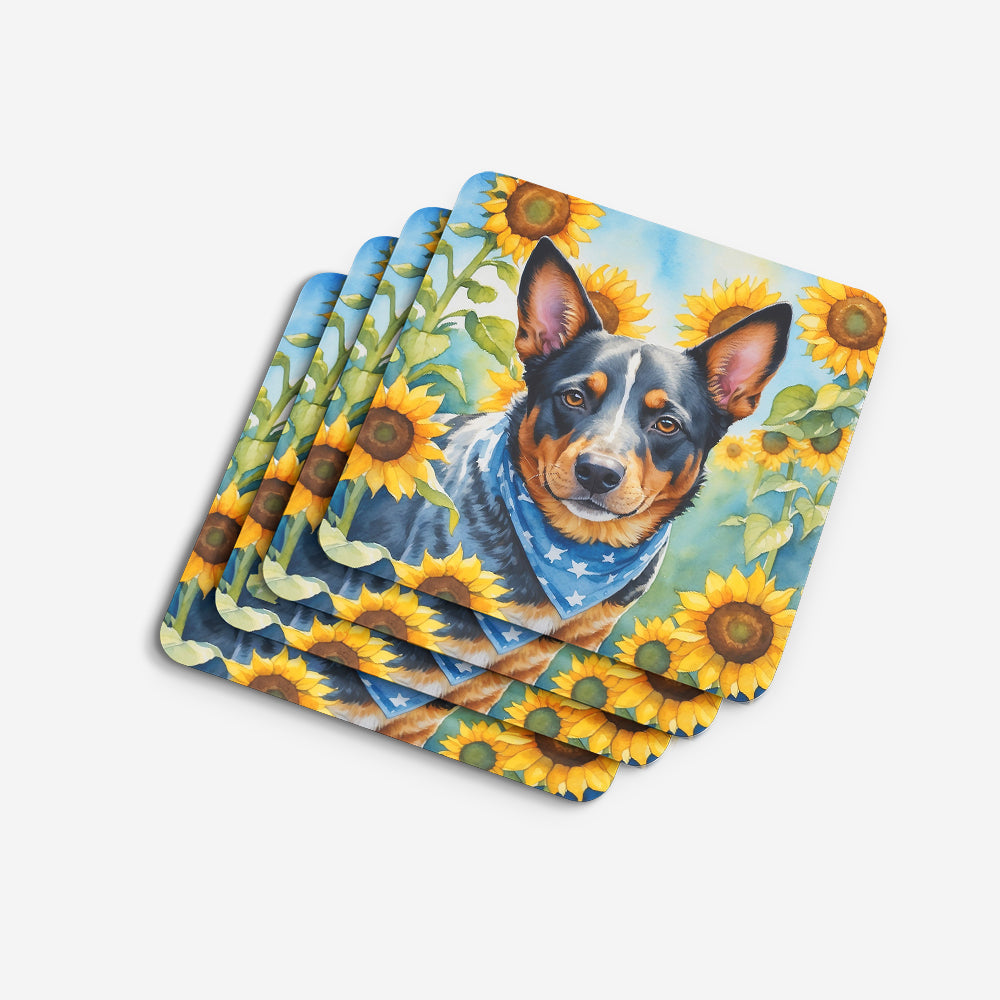 Australian Cattle Dog in Sunflowers Foam Coasters Set of 4 Cup Coasters for Indoor Outdoor, Tabletop Protection, Anti Slip, Mouse pad Material