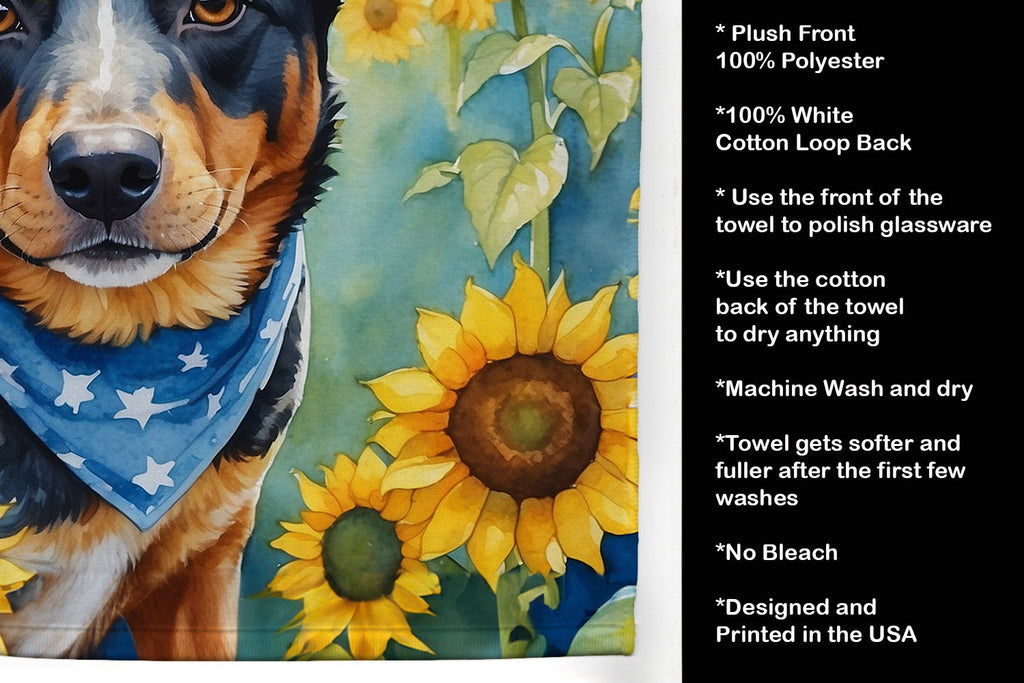 Australian Cattle Dog in Sunflowers Kitchen Towel Velour Plush Front and Cotton Loop Back Machine Washable