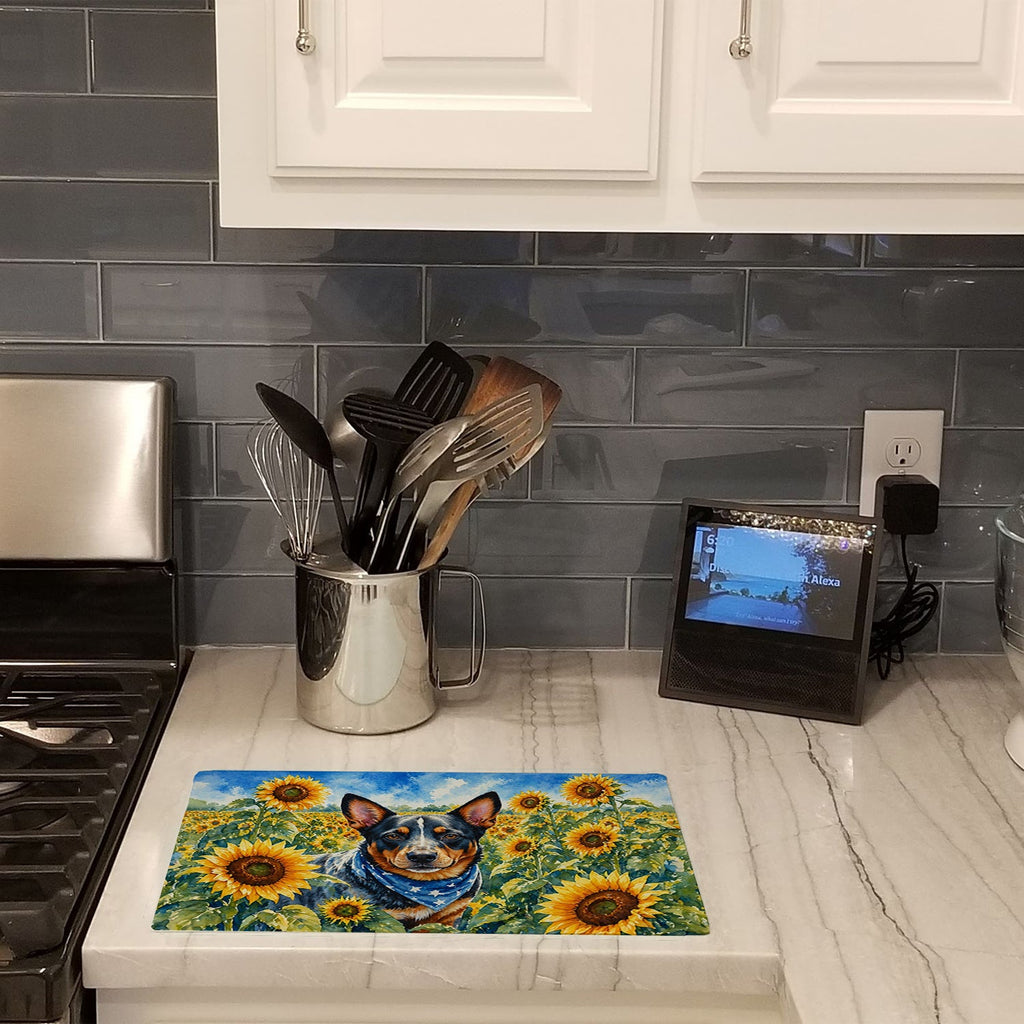Australian Cattle Dog in Sunflowers Cutting Board Tempered Glass Kitchen Cutting Surface, Heat Resistant Chopping Board with Non-Slip Feet, Decorative Food Prep & Serving