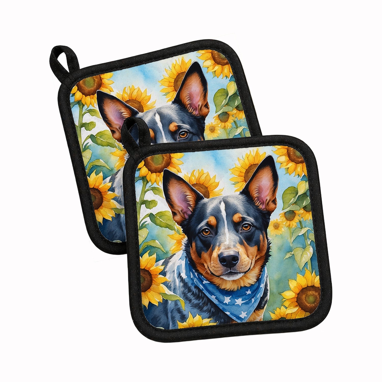 Australian Cattle Dog in Sunflowers Pot Holder Set of 2 Heat Resistant Quilted Hot Pads 7.5 x 7.5 Inch, Insulated Kitchen Trivets for Cooking & Baking