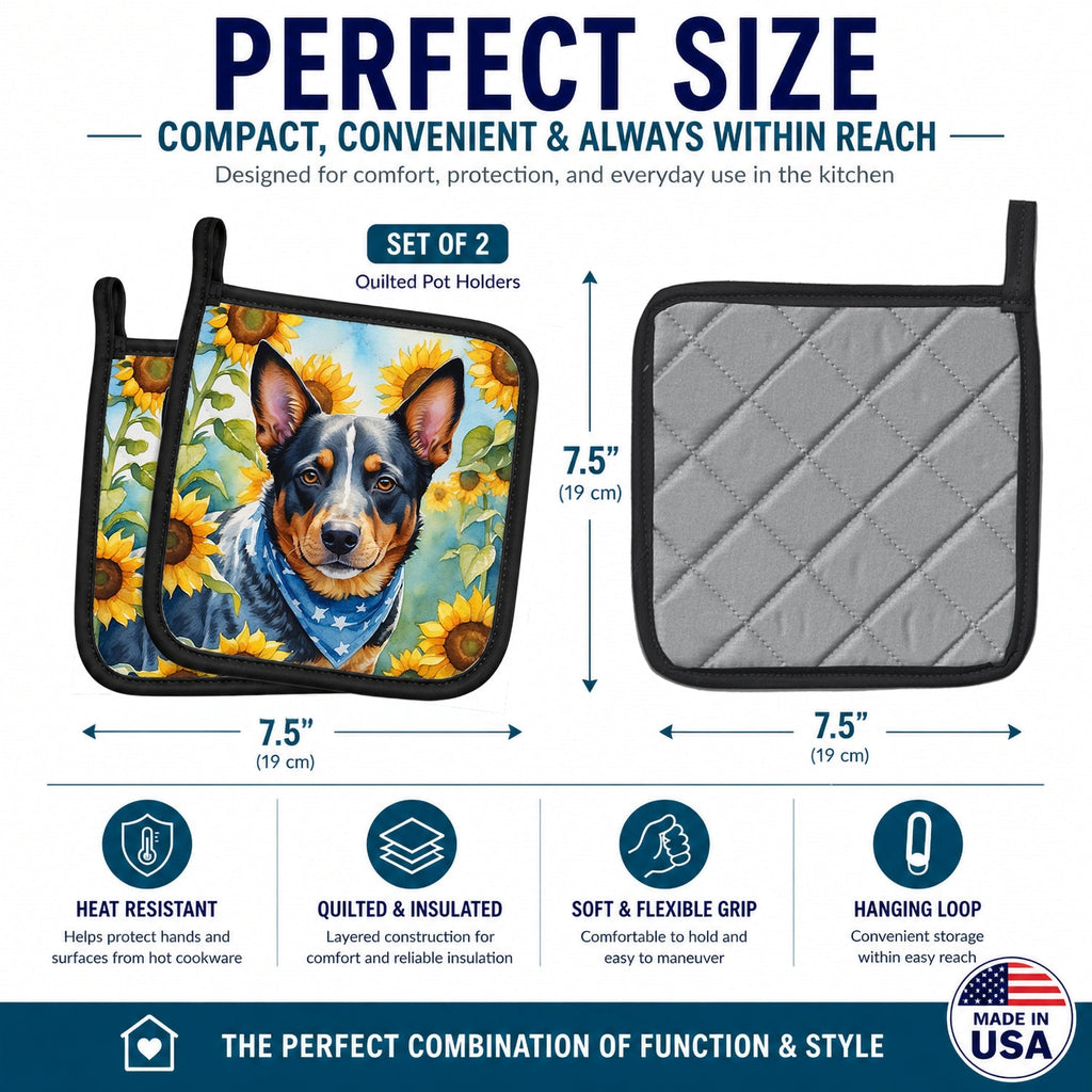 Australian Cattle Dog in Sunflowers Pot Holder Set of 2 Heat Resistant Quilted Hot Pads 7.5 x 7.5 Inch, Insulated Kitchen Trivets for Cooking & Baking