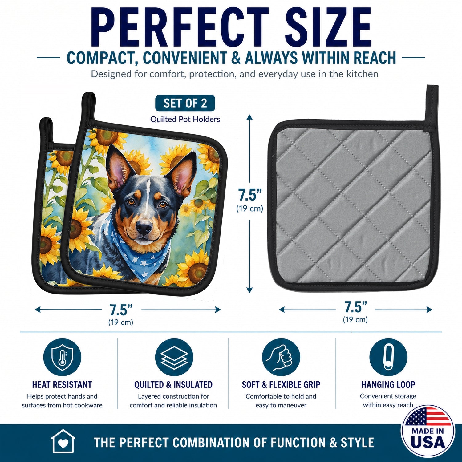 Australian Cattle Dog in Sunflowers Pot Holder Set of 2 Heat Resistant Quilted Hot Pads 7.5 x 7.5 Inch, Insulated Kitchen Trivets for Cooking & Baking