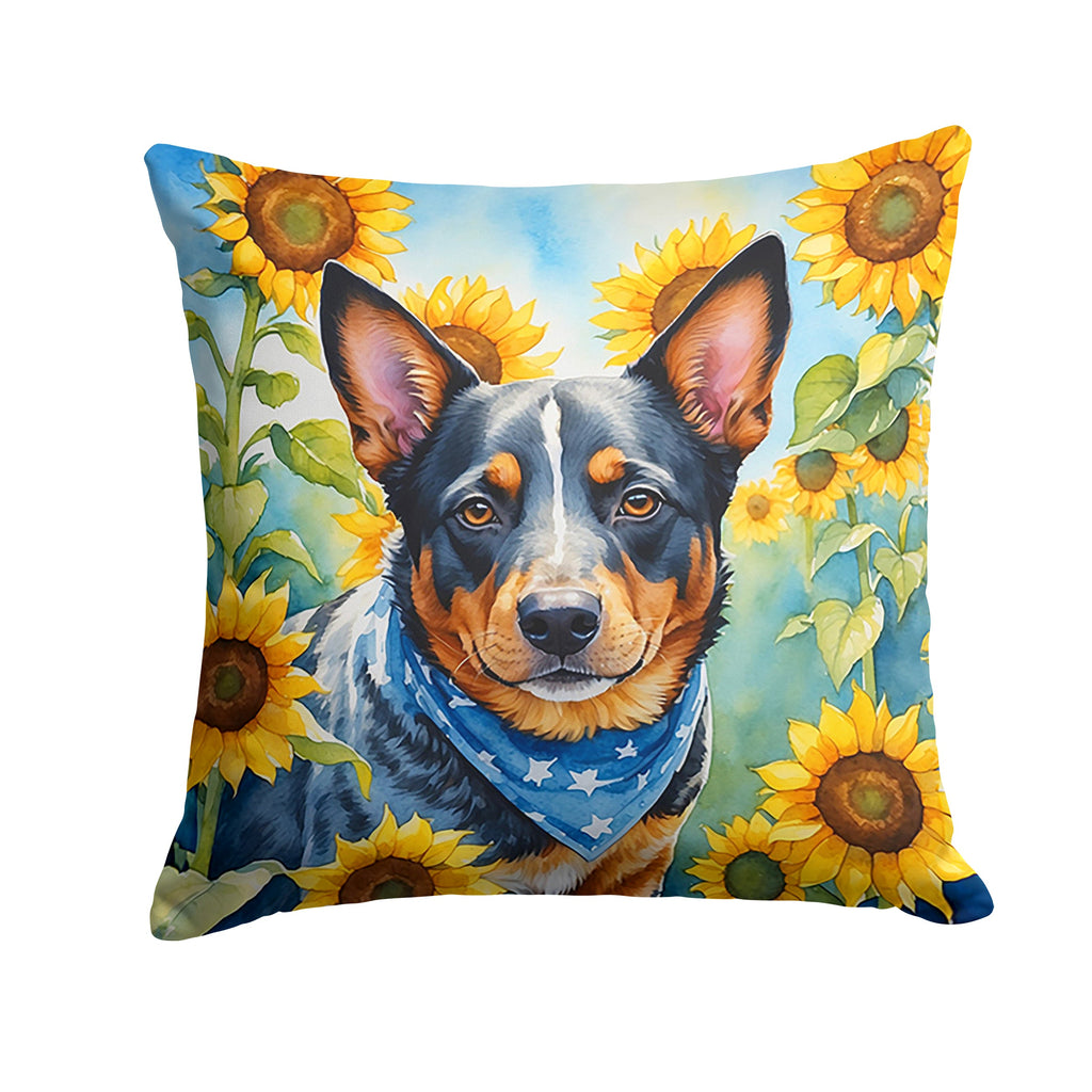 Australian Cattle Dog in Sunflowers Decorative Throw Pillow 14x14 Indoor Outdoor Accent Cushion, Fabric Cover with Insert for Sofa, Bed, Porch & Living Room