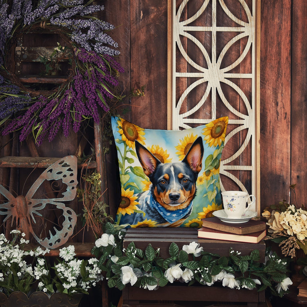 Australian Cattle Dog in Sunflowers Decorative Throw Pillow 18x18 Indoor Outdoor Accent Cushion, Fabric Cover with Insert for Sofa, Bed, Porch & Living Room