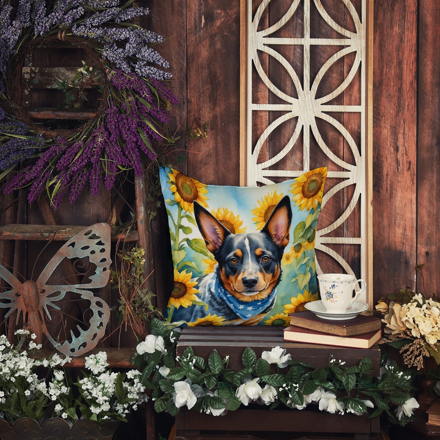 Australian Cattle Dog in Sunflowers Decorative Throw Pillow 18x18 Indoor Outdoor Accent Cushion, Fabric Cover with Insert for Sofa, Bed, Porch & Living Room