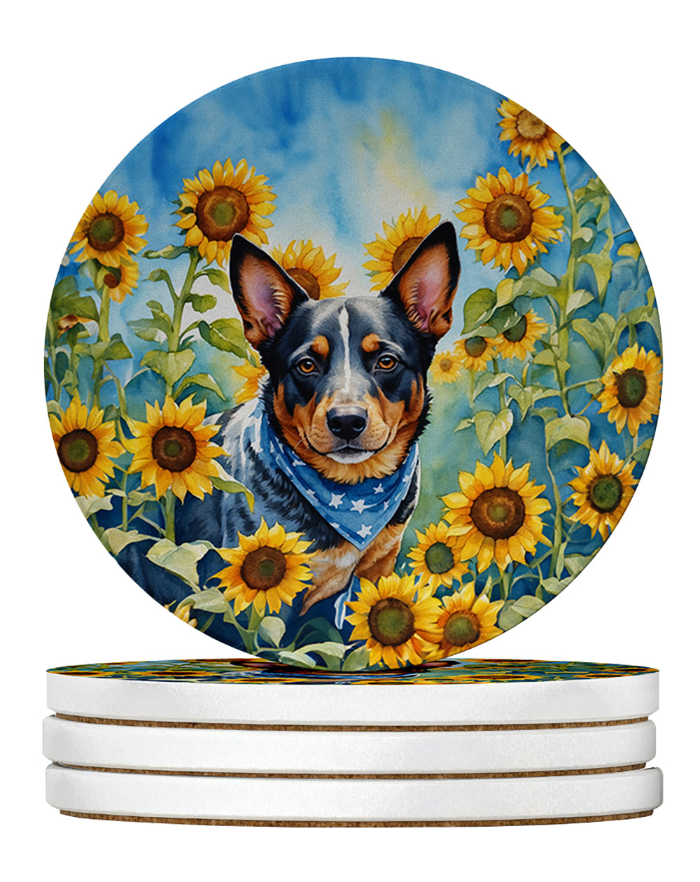 Australian Cattle Dog in Sunflowers Large Sandstone Coasters Pack of 4 Absorbent Round Coasters Decor Gifts for Men or Women, 4 in, Multicolor