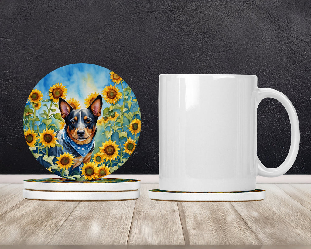 Australian Cattle Dog in Sunflowers Large Sandstone Coasters Pack of 4 Absorbent Round Coasters Decor Gifts for Men or Women, 4 in, Multicolor