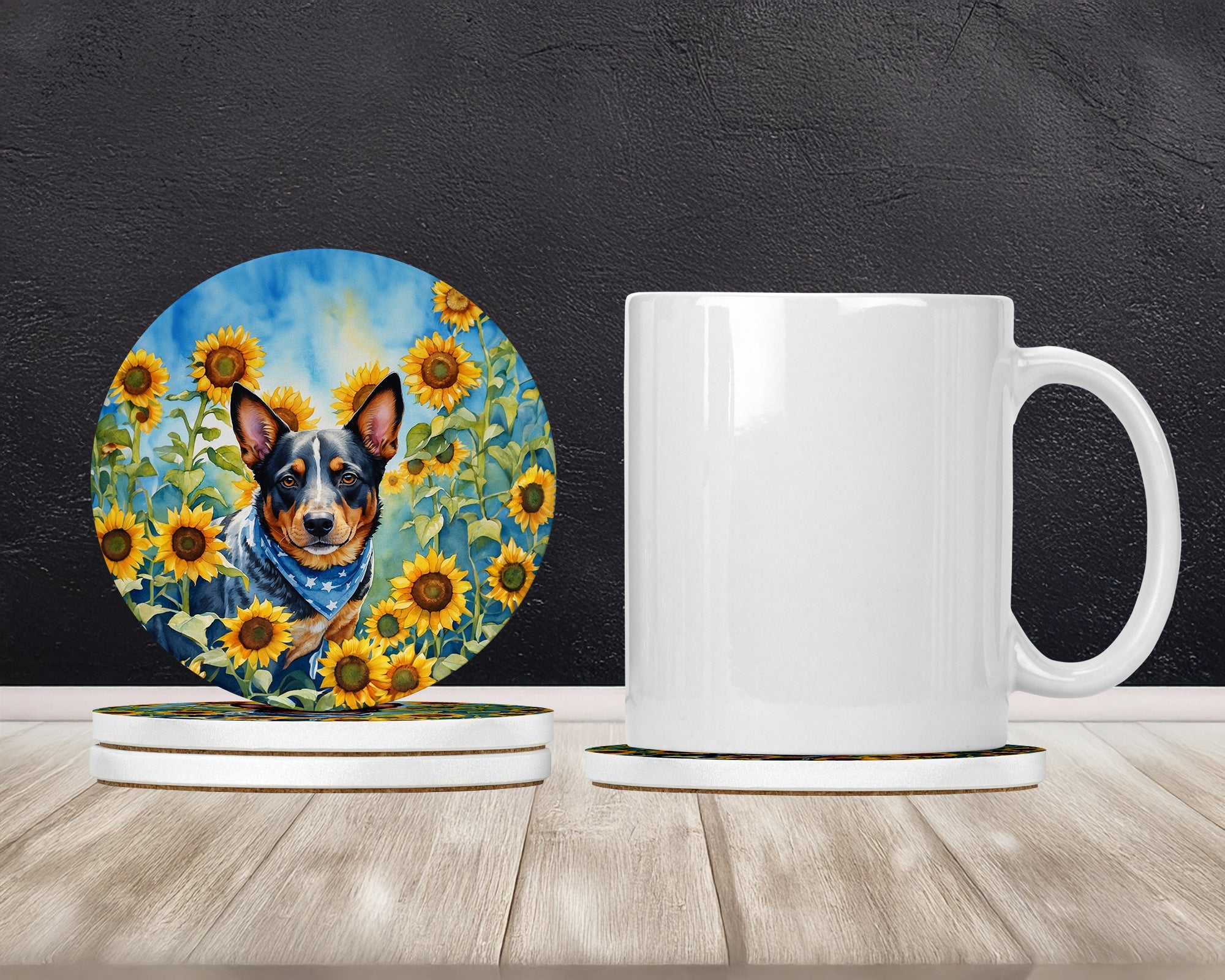 Australian Cattle Dog in Sunflowers Large Sandstone Coasters Pack of 4 Absorbent Round Coasters Decor Gifts for Men or Women, 4 in, Multicolor