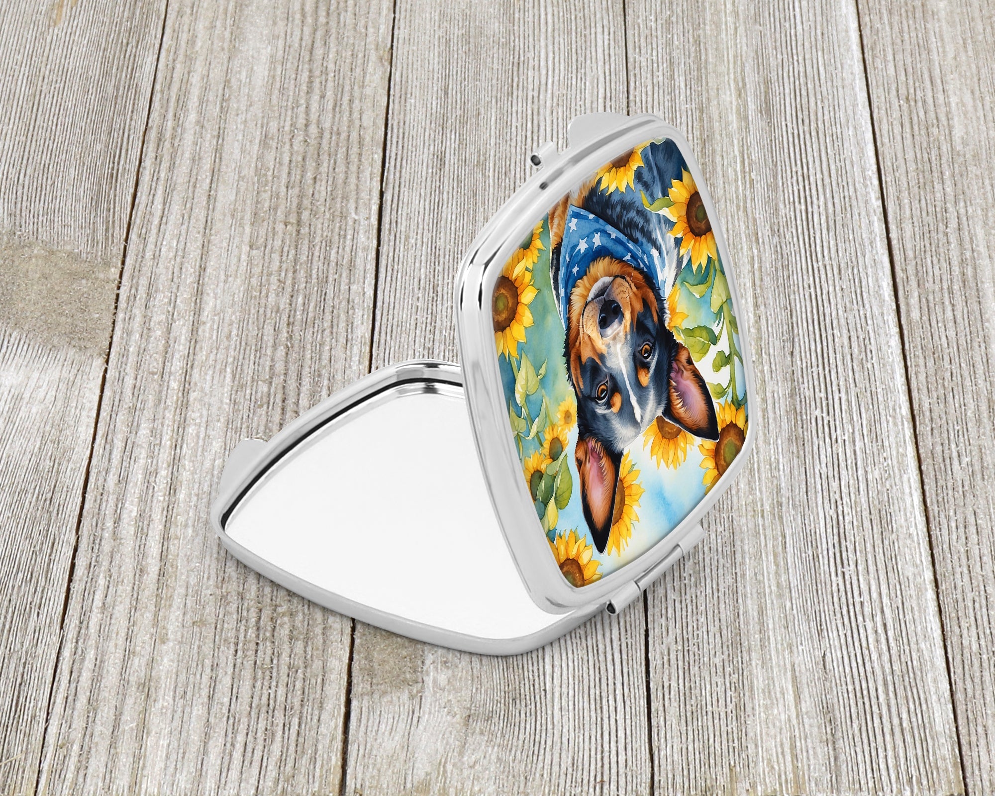 Australian Cattle Dog in Sunflowers Compact Mirror Decorative Travel Makeup Mirror for Women Girls Gifts Pocket Makeup Mirror Folding Handheld