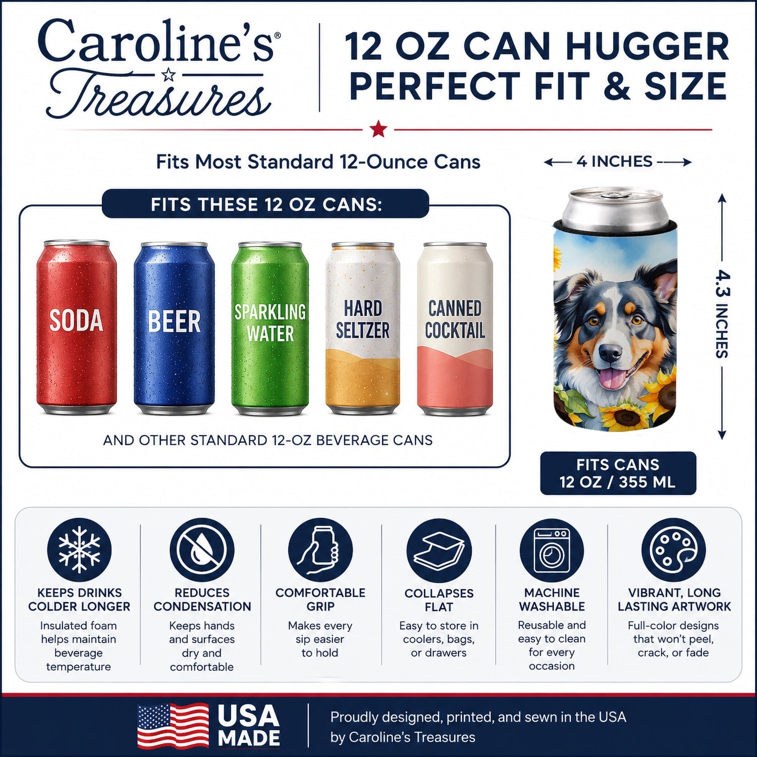 Australian Shepherd in Sunflowers Can or Bottle Hugger Cooler Sleeve for Standard 12 oz Cans, Insulated Foam Beer & Soda Can Hugger Reusable