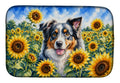 Australian Shepherd in Sunflowers Dish Drying Mat Absorbent Dish Drying Mat Pad for Kitchen Counter Dish Drainer Mat for Countertop, 14 x 21", Multicolor