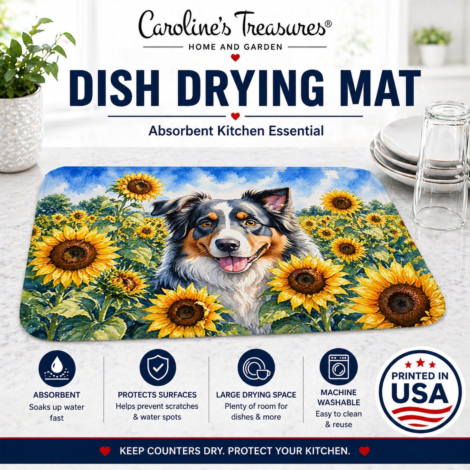 Australian Shepherd in Sunflowers Dish Drying Mat Absorbent Dish Drying Mat Pad for Kitchen Counter Dish Drainer Mat for Countertop, 14 x 21", Multicolor