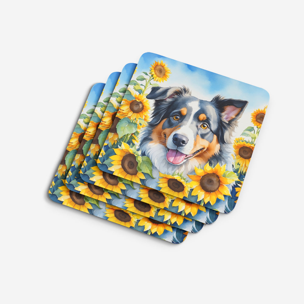 Australian Shepherd in Sunflowers Foam Coasters Set of 4 Cup Coasters for Indoor Outdoor, Tabletop Protection, Anti Slip, Mouse pad Material