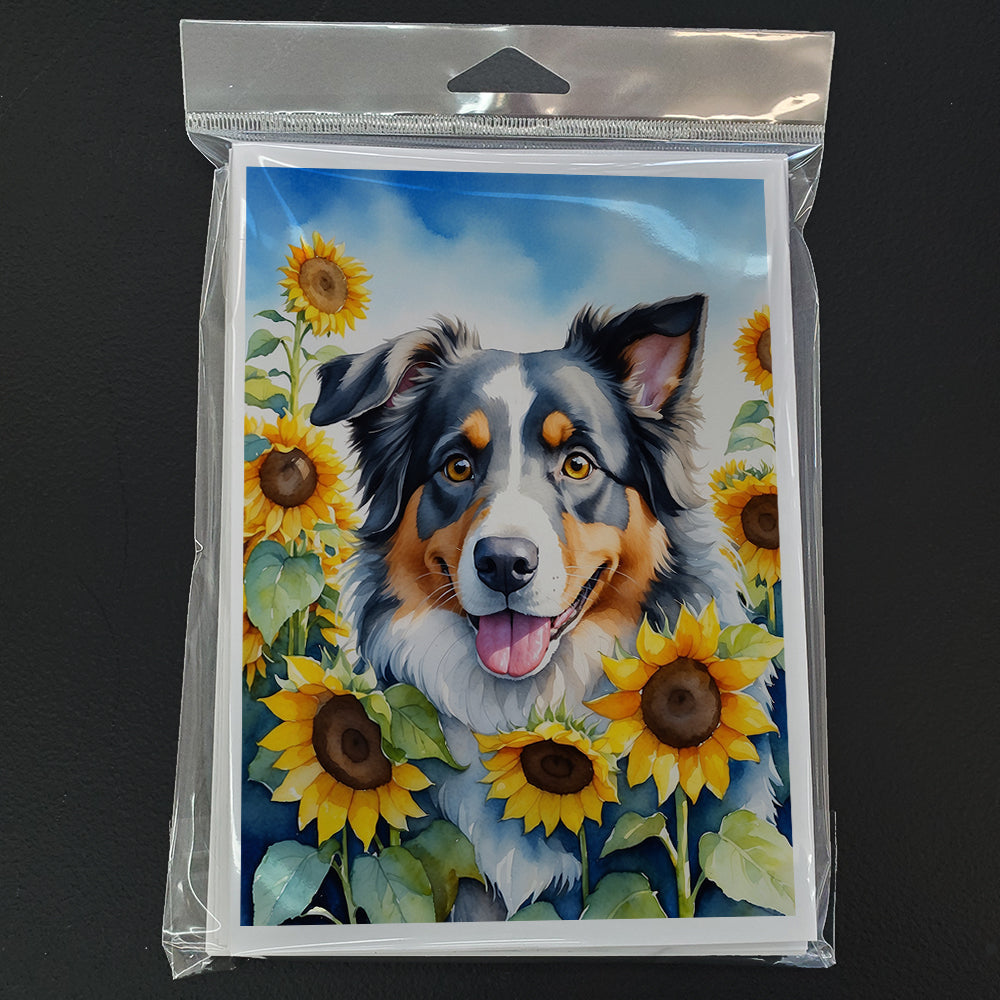 Australian Shepherd in Sunflowers Greeting Cards Pack of 8 Blank Cards with Envelopes Whimsical A7 Size 5x7