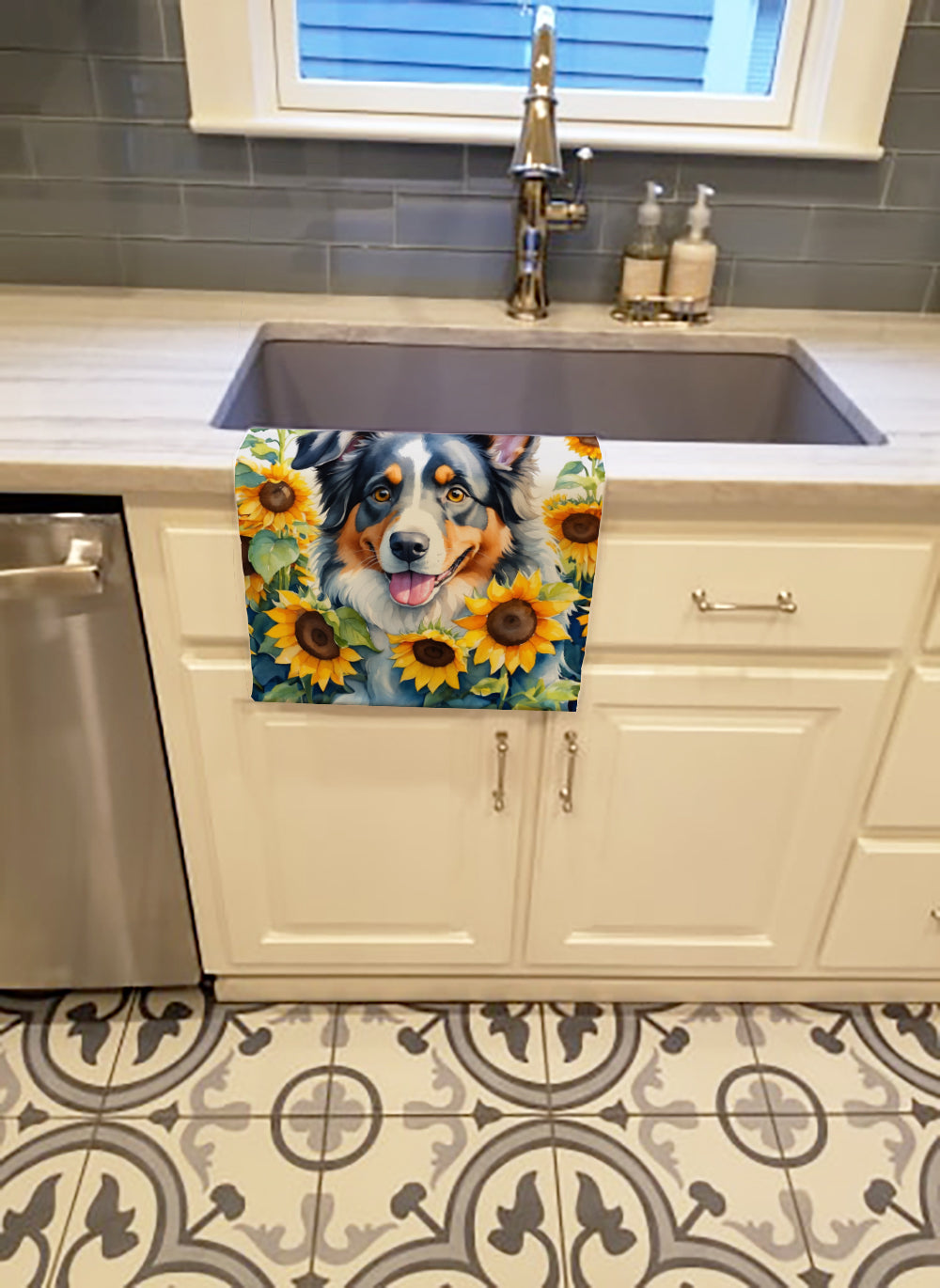 Australian Shepherd in Sunflowers Kitchen Towel Velour Plush Front and Cotton Loop Back Machine Washable