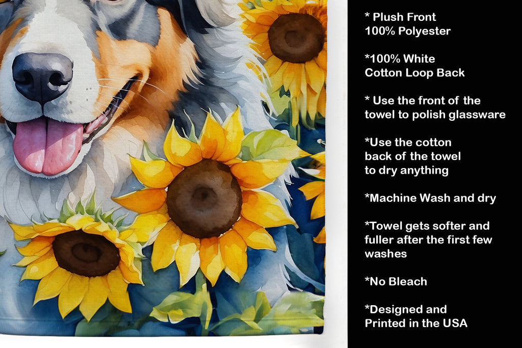Australian Shepherd in Sunflowers Kitchen Towel Velour Plush Front and Cotton Loop Back Machine Washable