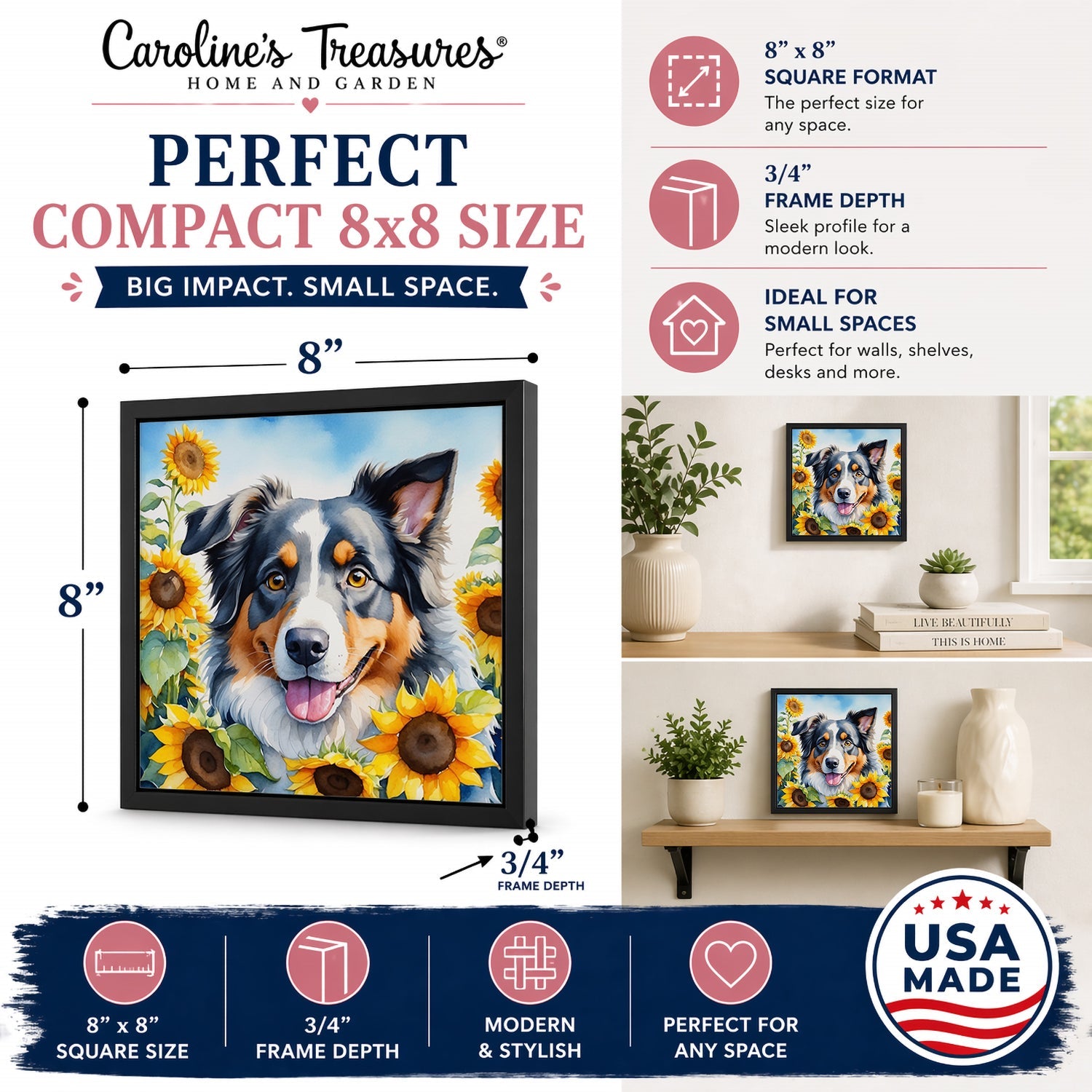 Australian Shepherd in Sunflowers Framed Metal Print Bathroom, Kitchen, Office, Home Decor Wall Art Ready to Hang, Square, 8X8