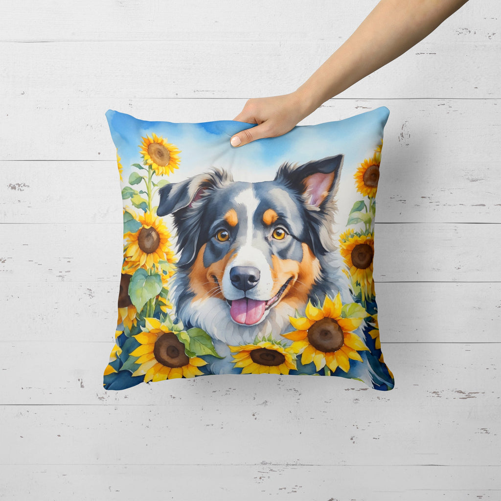 Australian Shepherd in Sunflowers Decorative Throw Pillow 18x18 Indoor Outdoor Accent Cushion, Fabric Cover with Insert for Sofa, Bed, Porch & Living Room
