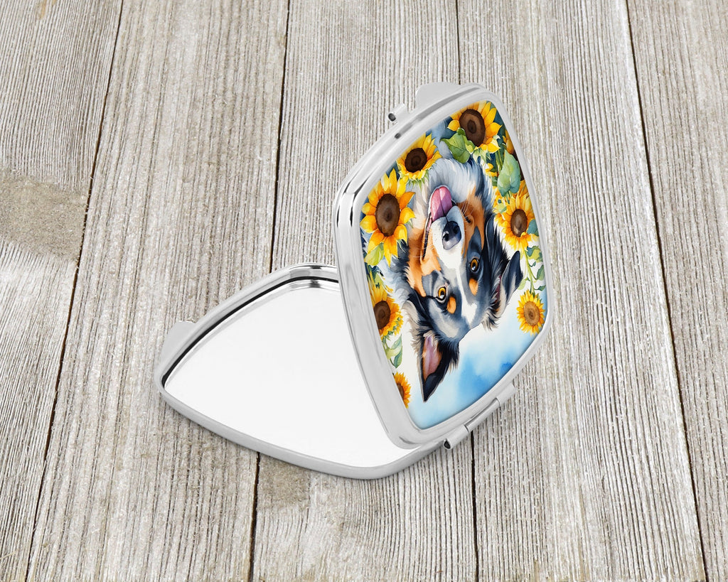 Australian Shepherd in Sunflowers Compact Mirror Decorative Travel Makeup Mirror for Women Girls Gifts Pocket Makeup Mirror Folding Handheld
