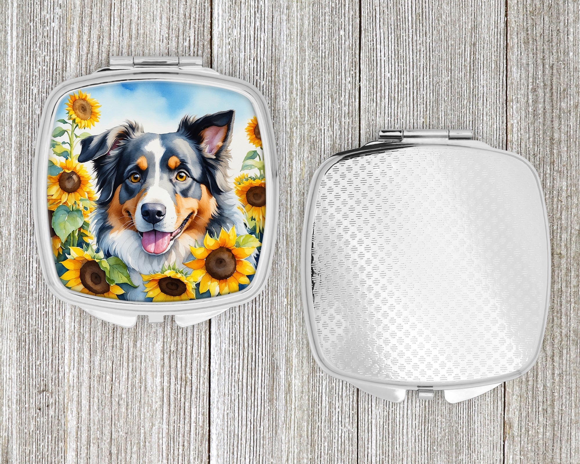 Australian Shepherd in Sunflowers Compact Mirror Decorative Travel Makeup Mirror for Women Girls Gifts Pocket Makeup Mirror Folding Handheld