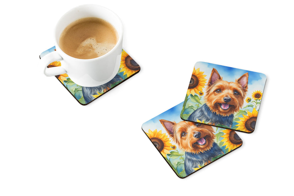 Australian Terrier in Sunflowers Foam Coasters Set of 4 Cup Coasters for Indoor Outdoor, Tabletop Protection, Anti Slip, Mouse pad Material