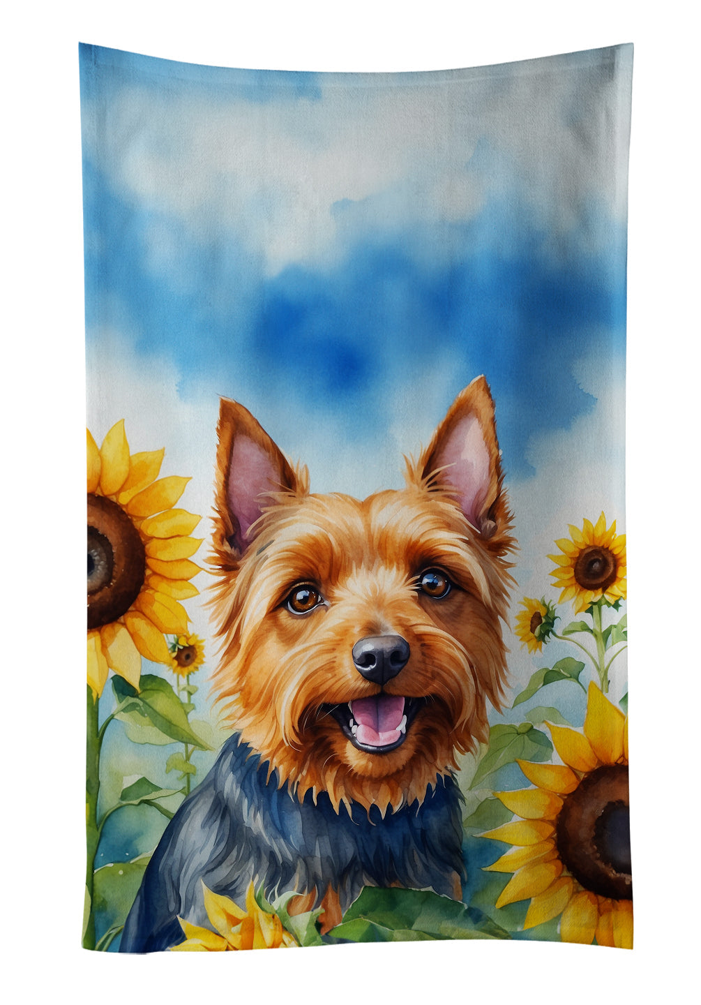 Australian Terrier in Sunflowers Kitchen Towel Velour Plush Front and Cotton Loop Back Machine Washable