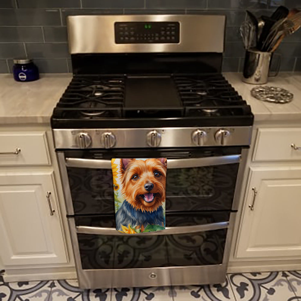 Australian Terrier in Sunflowers Kitchen Towel Velour Plush Front and Cotton Loop Back Machine Washable