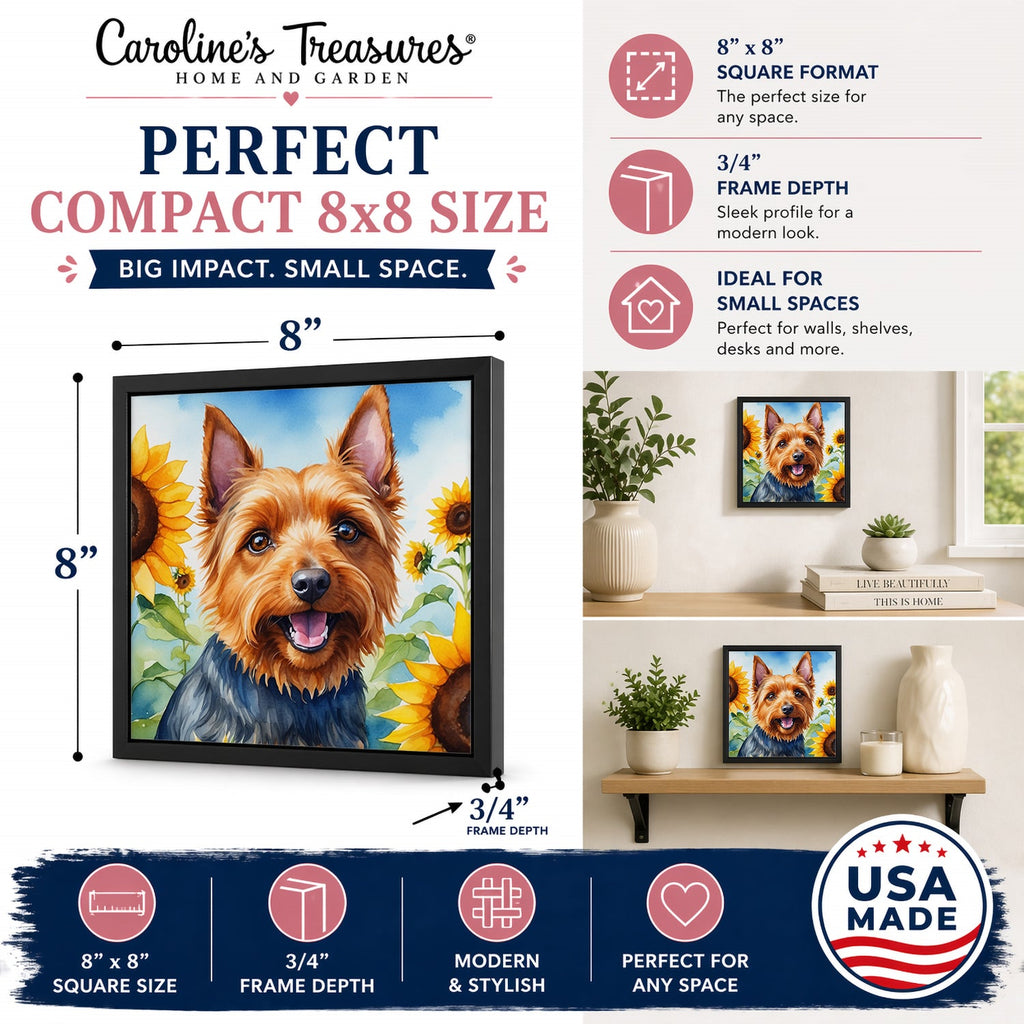 Australian Terrier in Sunflowers Framed Metal Print Bathroom, Kitchen, Office, Home Decor Wall Art Ready to Hang, Square, 8X8