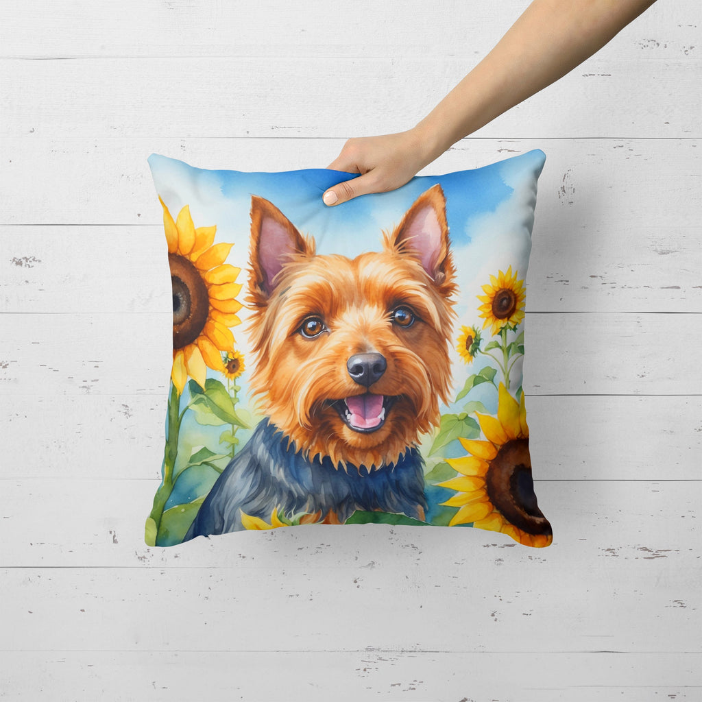 Australian Terrier in Sunflowers Decorative Throw Pillow 18x18 Indoor Outdoor Accent Cushion, Fabric Cover with Insert for Sofa, Bed, Porch & Living Room