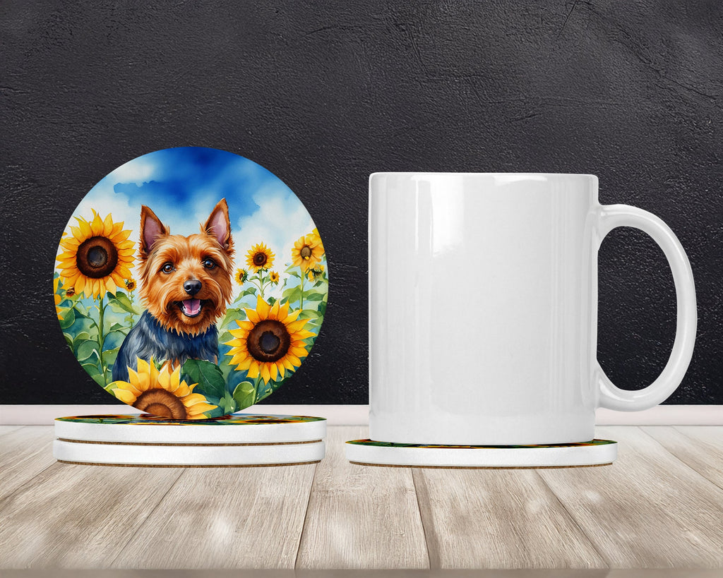 Australian Terrier in Sunflowers Large Sandstone Coasters Pack of 4 Absorbent Round Coasters Decor Gifts for Men or Women, 4 in, Multicolor